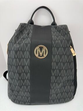 Marco By MKP Collection Black Gray Monogram Logo Vegan Faux Leather Backpack Bag